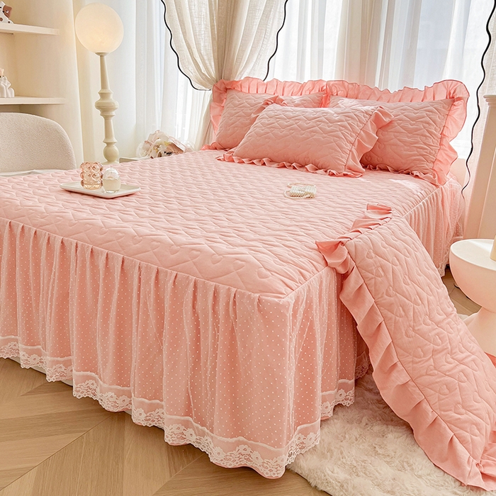 91家纺网 家纺一手货源 找家纺 宜凡家纺 2025新款糯糯棉全夹棉床笠式床裙三件套 春日粉