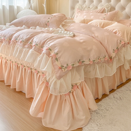 瑞宝 2025新款全棉法式花边贡缎提花四件套-布蕾（控价床单 270起 床盖 300起） 布蕾-蜜粉