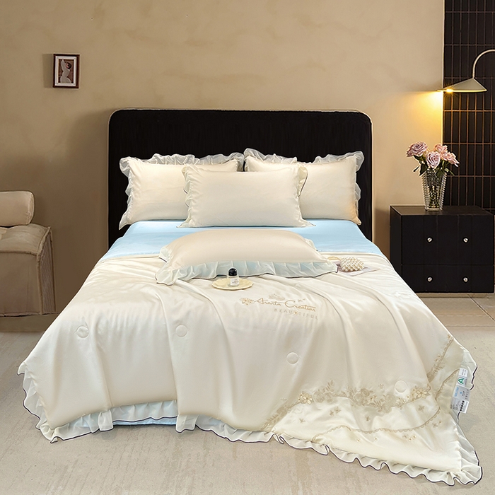 91家纺网 家纺一手货源 找家纺 梦舒羽 2025新款刺绣水洗真丝花边夏被四件套宿舍夏凉被床单枕套三件套-花韵花边款 花韵-蓝（花边款）