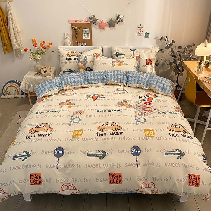 91家纺网 家纺一手货源 找家纺 吉象家纺13070全棉四件套纯棉四件套直播小清新男孩女汽车向导