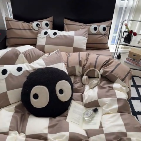 91家纺网 家纺一手货源 找家纺 吉象 2025新款大眼睛毛巾绣四件套 大眼睛-摩卡