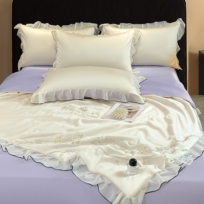 91家纺网 家纺一手货源 找家纺 梦舒羽 2025新款刺绣水洗真丝花边夏被四件套宿舍夏凉被床单枕套三件套-花韵花边款 花韵-紫（花边款）