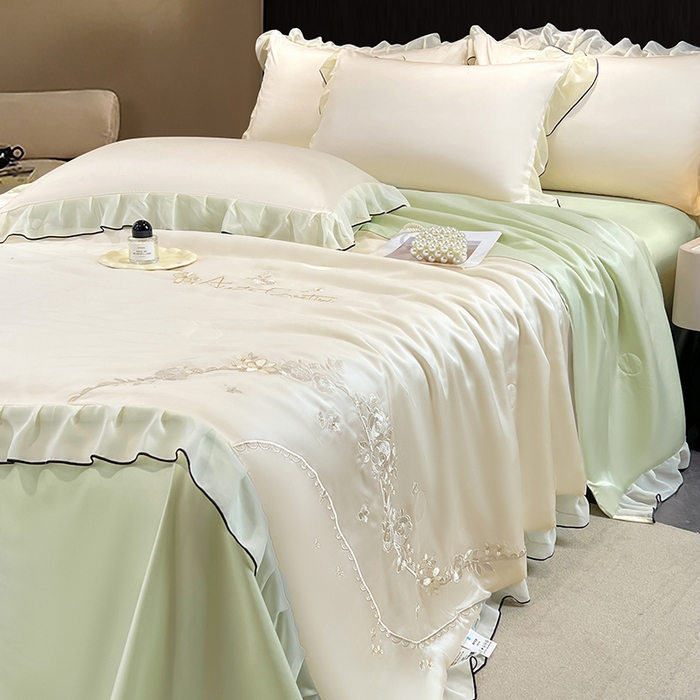 91家纺网 家纺一手货源 找家纺 梦舒羽 2025新款刺绣水洗真丝花边夏被四件套宿舍夏凉被床单枕套三件套-花韵花边款 花韵-绿（花边款）