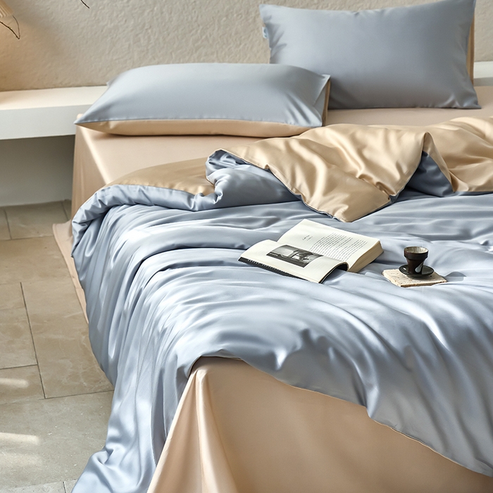 91家纺网 家纺一手货源 找家纺 咏绒家纺工厂店 2025新款60支奥地利兰精天丝纯色天丝棉四件套 岩岭（朦胧灰-小麦色）