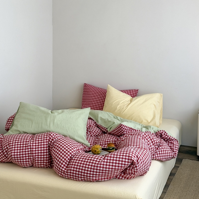 91家纺网 家纺一手货源 找家纺 （总）艾沁2025新款全棉色织水洗棉西瓜色撞色四件套