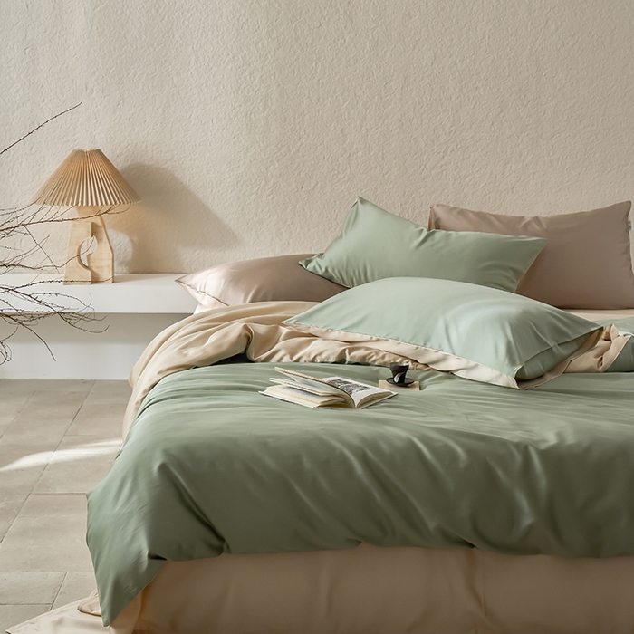 91家纺网 家纺一手货源 找家纺 咏绒家纺工厂店 2025新款60支奥地利兰精天丝纯色天丝棉四件套 兰苕（瓦松绿-小麦色）