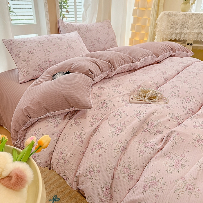 91家纺网 家纺一手货源 找家纺 壹号库 2025新款A类提花有氧彩竺绵四件套 桃花诺