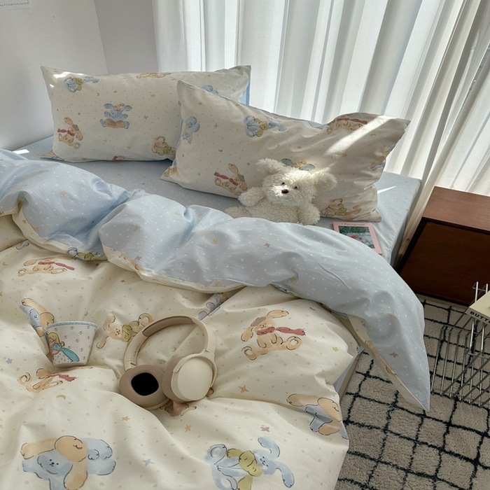 91家纺网 家纺一手货源 找家纺 尺素 2025新款全棉卡通可爱儿童四件套纯棉活性A类被套学生宿舍三件套1.8床笠双人床单 米团兔