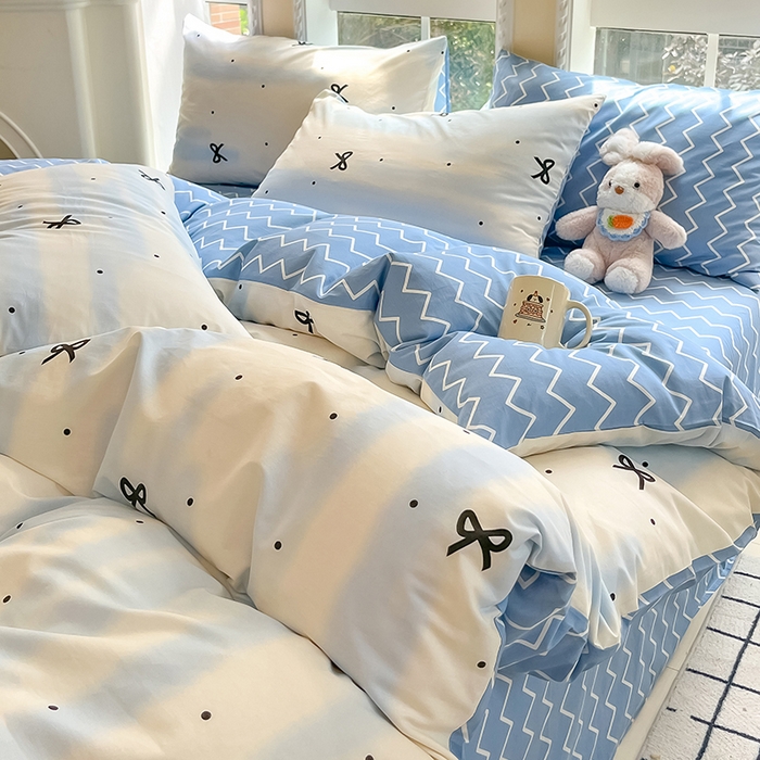 91家纺网 家纺一手货源 找家纺 吉象家纺13070全棉四件套纯棉四件套直播小清新男孩女蓝茵