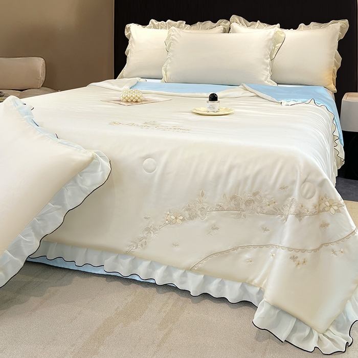 91家纺网 家纺一手货源 找家纺 梦舒羽 2025新款刺绣水洗真丝花边夏被四件套宿舍夏凉被床单枕套三件套-花韵花边款 花韵-蓝（花边款）