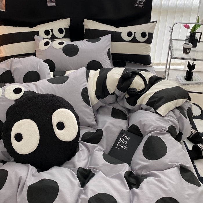 91家纺网 家纺一手货源 找家纺 吉象 2025新款大眼睛毛巾绣四件套 大眼睛-波点魅惑黑