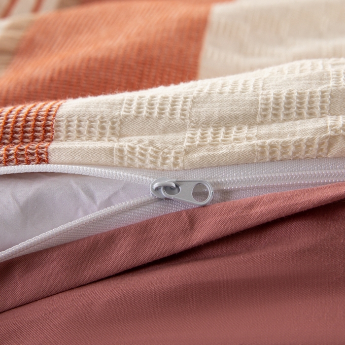 91家纺网 家纺一手货源 找家纺 简宜家居（朝初家纺） 2025新款华夫纯棉格色织提花四件套 初色-粉