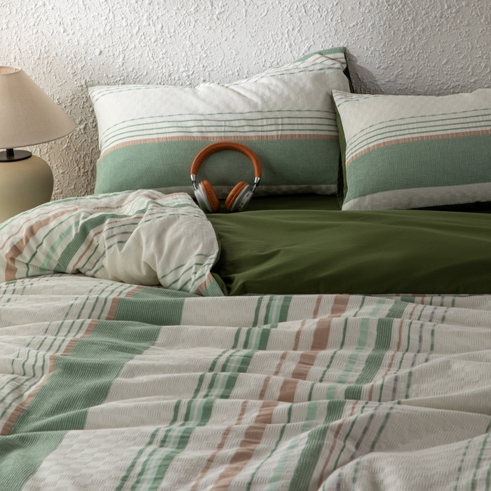 91家纺网 家纺一手货源 找家纺 简宜家居（朝初家纺） 2025新款华夫纯棉格色织提花四件套 初色-墨绿