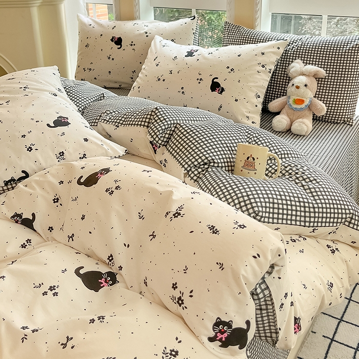 91家纺网 家纺一手货源 找家纺 吉象家纺13070全棉四件套纯棉四件套直播小清新男孩女小黑猫