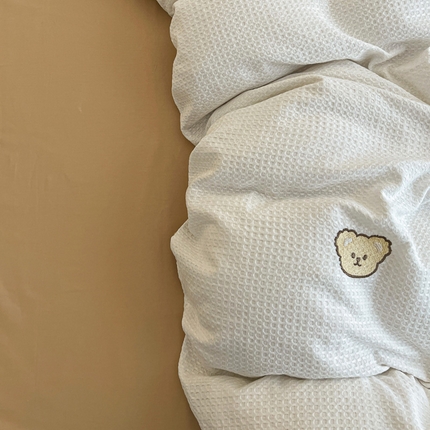 静家居 2025新款全棉纯棉华夫格北欧小熊刺绣四件套系列-风格二 北欧小熊-白咖