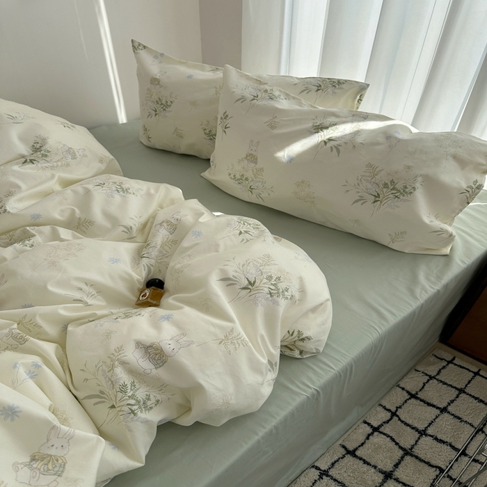 91家纺网 家纺一手货源 找家纺 尺素 2025新款全棉卡通可爱儿童四件套纯棉活性A类被套学生宿舍三件套1.8床笠双人床单 薄荷小兔