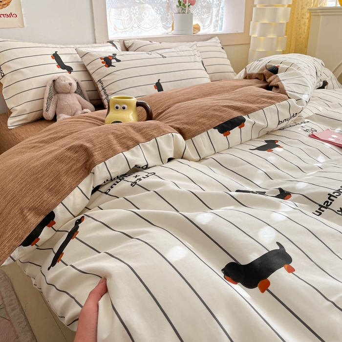 91家纺网 家纺一手货源 找家纺 吉象家纺13070全棉四件套纯棉四件套直播小清新男孩女腊肠犬