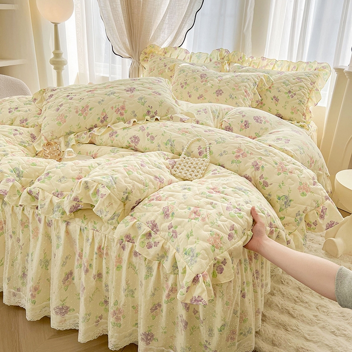 91家纺网 家纺一手货源 找家纺 宜凡家纺 2025新款糯糯棉全夹棉床笠式床裙四件套 漫花香