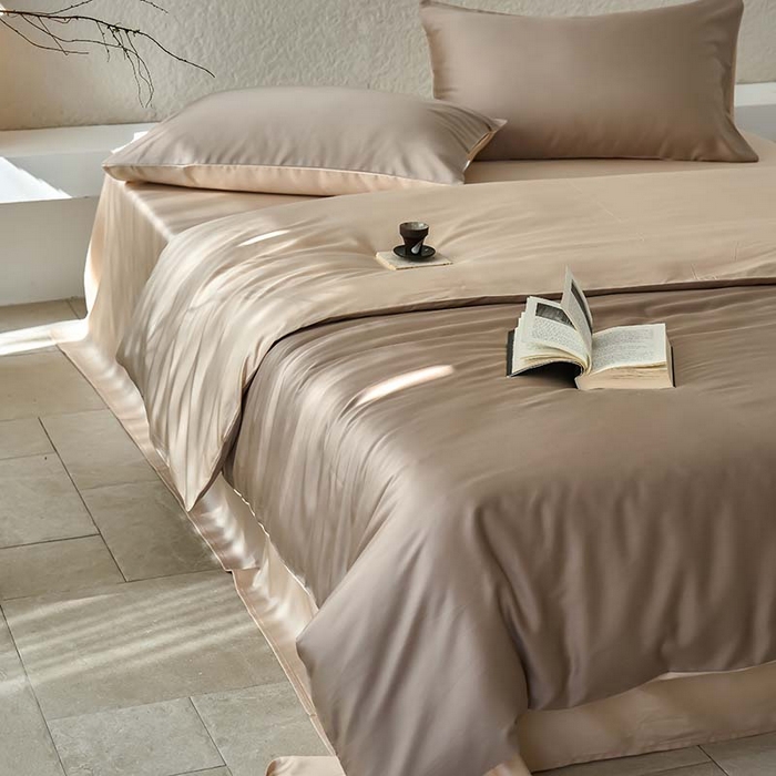 91家纺网 家纺一手货源 找家纺 咏绒家纺工厂店 2025新款60支奥地利兰精天丝纯色天丝棉四件套 露褐（枯木棕-小麦色）