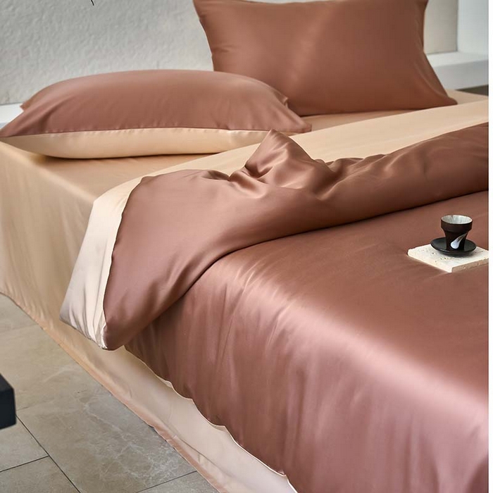 91家纺网 家纺一手货源 找家纺 咏绒家纺工厂店 2025新款60支奥地利兰精天丝纯色天丝棉四件套 古铜（红棕-风衣米）