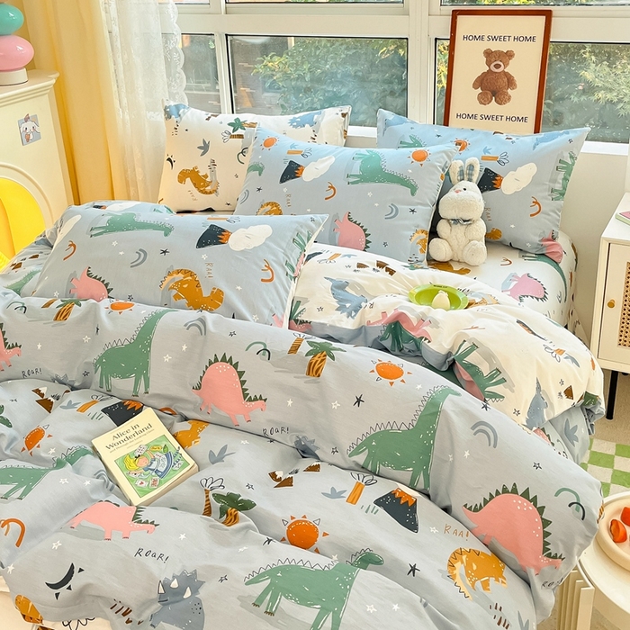 91家纺网 家纺一手货源 找家纺 吉象家纺13070全棉四件套纯棉四件套直播小清新男孩女恐龙乐园