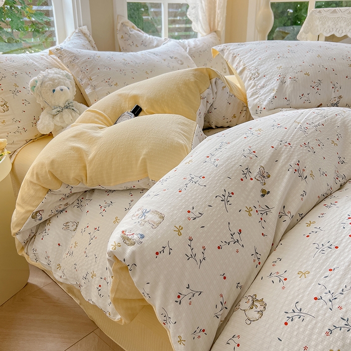 91家纺网 家纺一手货源 找家纺 壹号库 2025新款A类提花有氧彩竺绵四件套 田园小兔