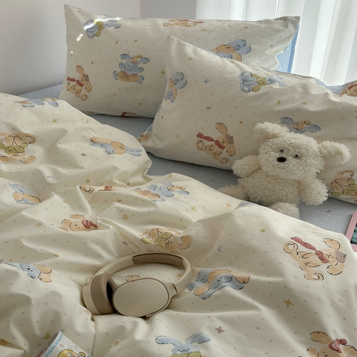 91家纺网 家纺一手货源 找家纺 尺素 2025新款全棉卡通可爱儿童四件套纯棉活性A类被套学生宿舍三件套1.8床笠双人床单 米团兔