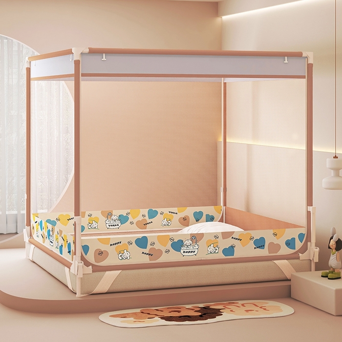 91家纺网 家纺一手货源 找家纺 迪凡保罗蚊帐 2025新款2508围栏级防摔数码印花坐床蚊帐 驼色