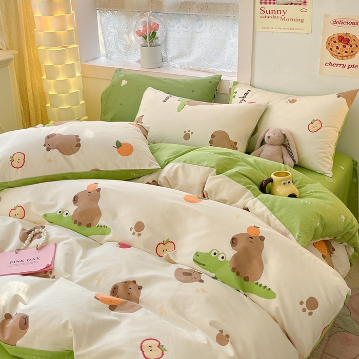 91家纺网 家纺一手货源 找家纺 吉象家纺13070全棉四件套纯棉四件套直播小清新男孩女卡皮巴拉