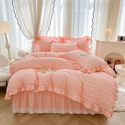 宜凡家纺 2025新款糯糯棉全夹棉床笠式床裙四件套 春日粉