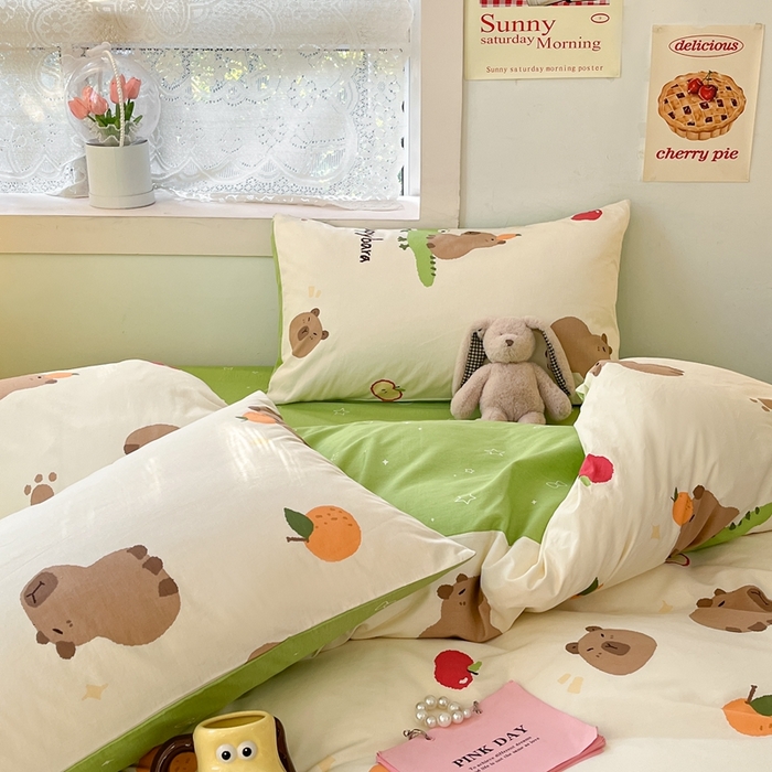 91家纺网 家纺一手货源 找家纺 吉象家纺13070全棉四件套纯棉四件套直播小清新男孩女卡皮巴拉