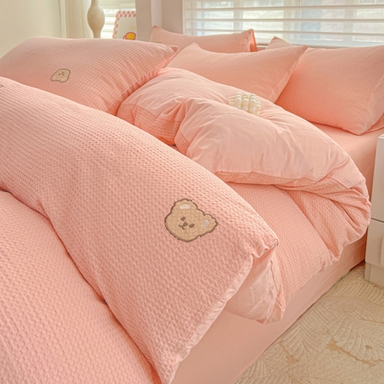 静家居 2025新款全棉纯棉华夫格北欧小熊刺绣四件套系列-风格一 北欧小熊-粉玉