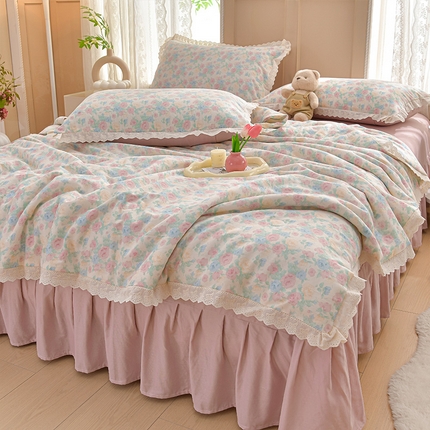 91家纺网 家纺一手货源 找家纺 （总）绘萱家居 2025新款100%全棉双层纱花边床裙款夏被四件套