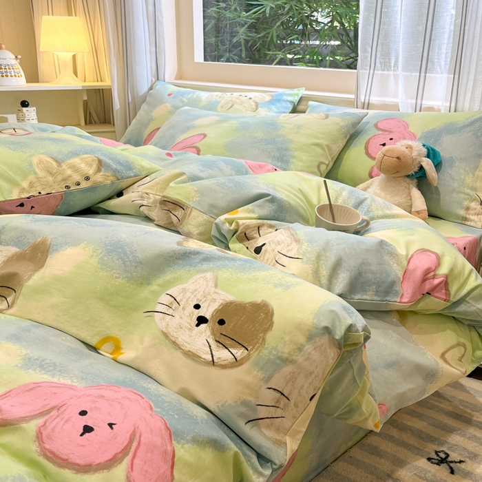 91家纺网 家纺一手货源 找家纺 吉象家纺13070全棉四件套纯棉四件套直播小清新男孩女蜡笔画