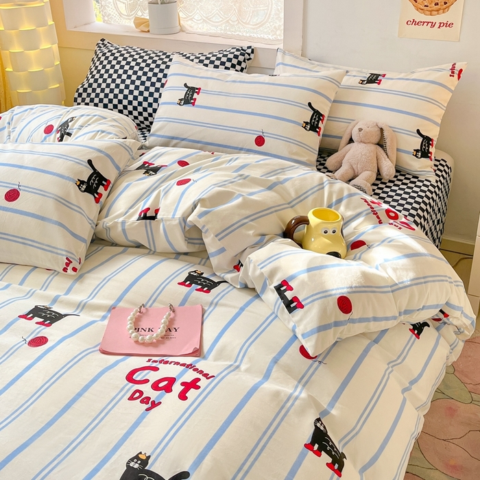 91家纺网 家纺一手货源 找家纺 吉象家纺13070全棉四件套纯棉四件套直播小清新男孩女cat猫