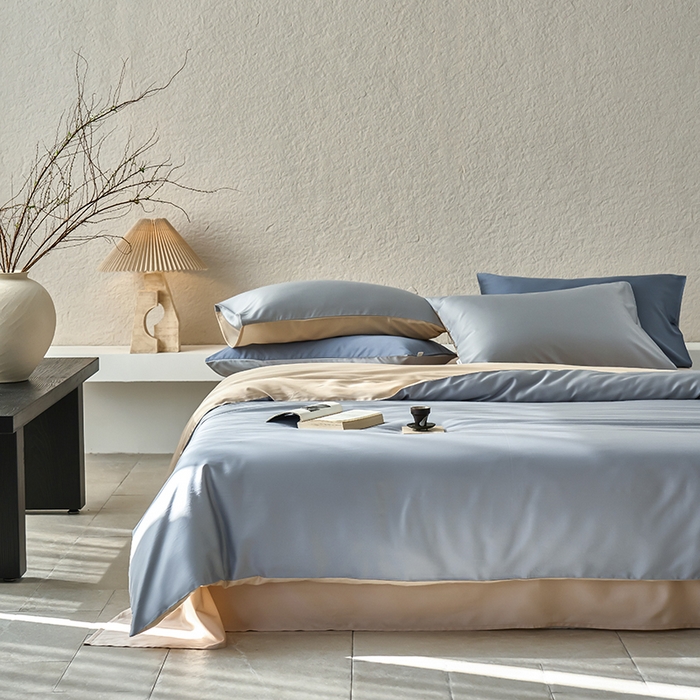 91家纺网 家纺一手货源 找家纺 咏绒家纺工厂店 2025新款60支奥地利兰精天丝纯色天丝棉四件套 岩岭（朦胧灰-小麦色）