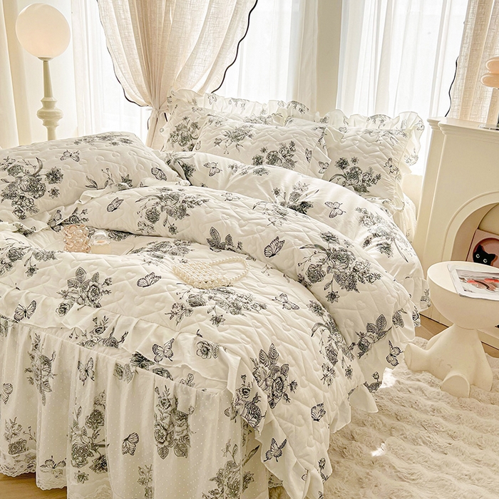 91家纺网 家纺一手货源 找家纺 宜凡家纺 2025新款糯糯棉全夹棉床笠式床裙三件套 春风舞动