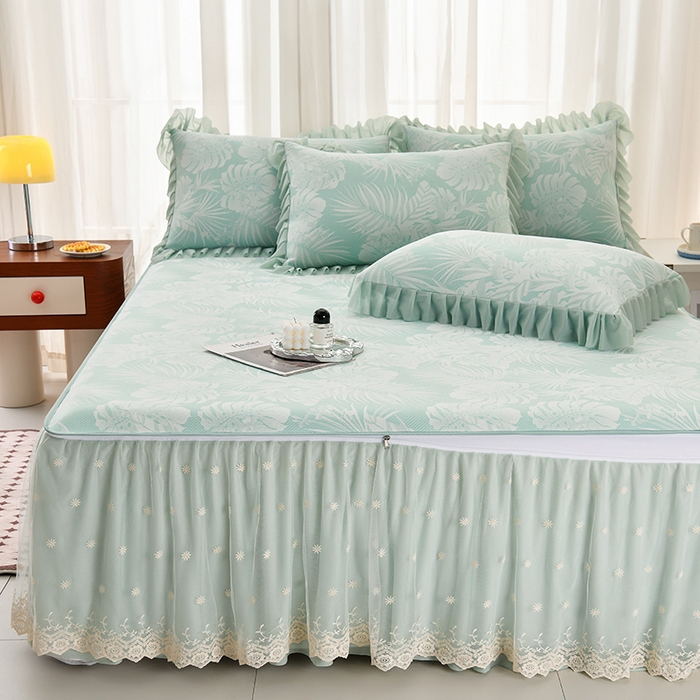 91家纺网 家纺一手货源 找家纺 家之硕家纺 2025春夏新款凉感提花凉席三件套-夏日清凉系列 夏日清凉---绿