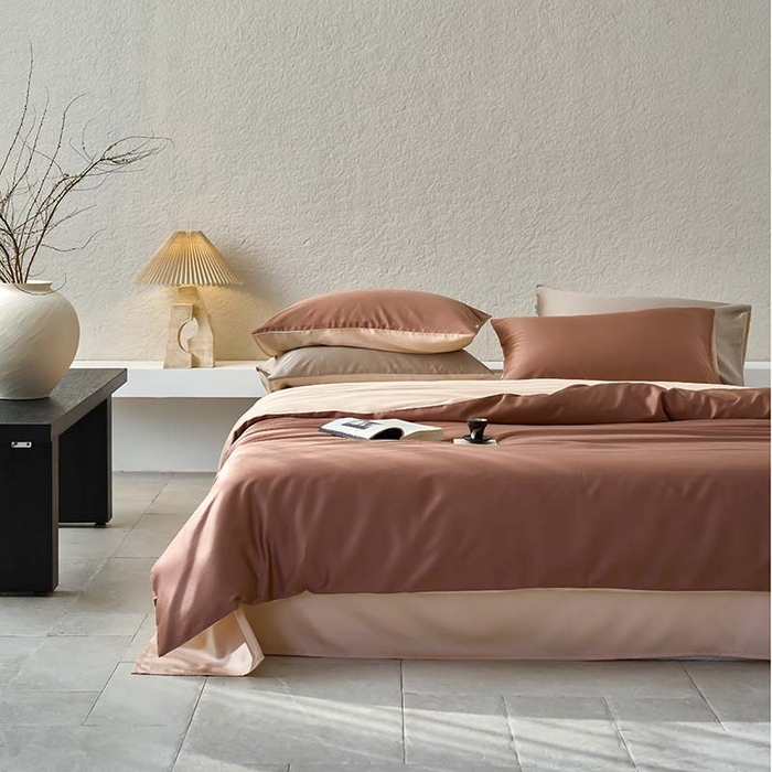 91家纺网 家纺一手货源 找家纺 咏绒家纺工厂店 2025新款60支奥地利兰精天丝纯色天丝棉四件套 古铜（红棕-风衣米）