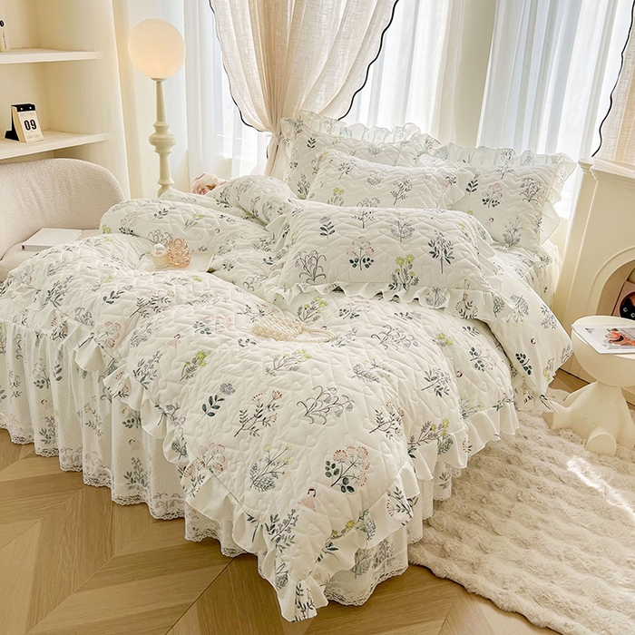 91家纺网 家纺一手货源 找家纺 宜凡家纺 2025新款糯糯棉全夹棉床笠式床裙四件套 花季浅吟