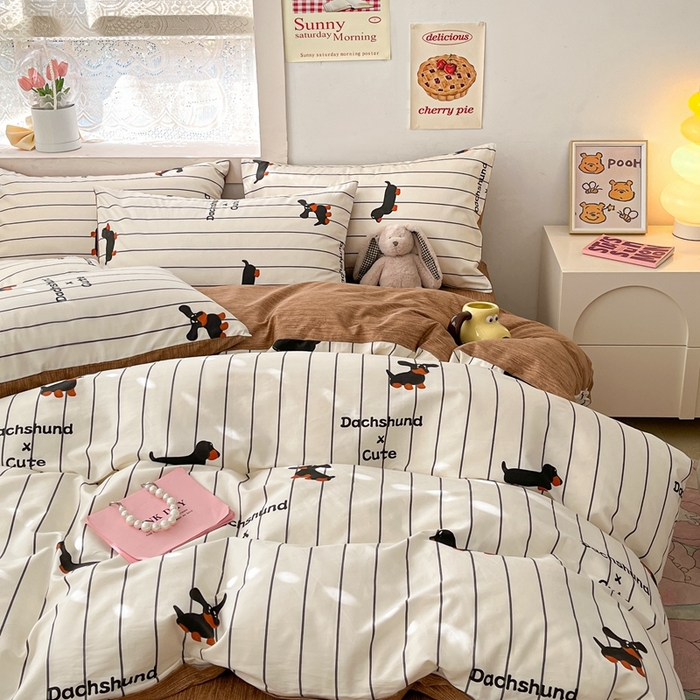 91家纺网 家纺一手货源 找家纺 吉象家纺13070全棉四件套纯棉四件套直播小清新男孩女腊肠犬