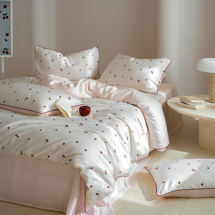 91家纺网 家纺一手货源 找家纺 简纯主义 2025新款兰精天丝印花四件套 樱桃粉