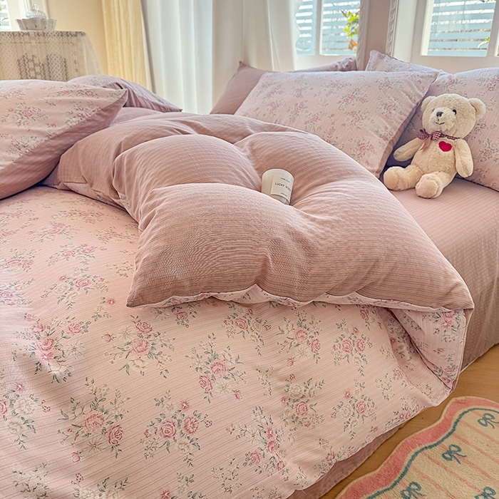 91家纺网 家纺一手货源 找家纺 壹号库 2025新款A类提花有氧彩竺绵四件套 桃花诺