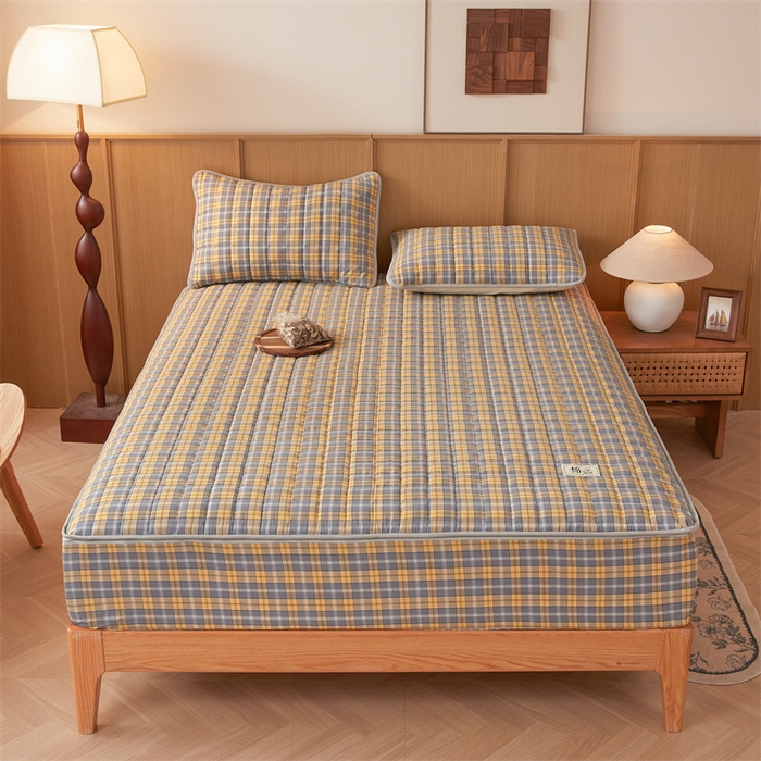 91家纺网 家纺一手货源 找家纺 伊人坊2025新款全棉色织水洗棉六面全包床笠床垫保护套无印风 单层床围-黄调格