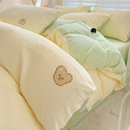 静家居 2025新款全棉纯棉华夫格北欧小熊刺绣四件套系列-风格一 北欧小熊-黄绿