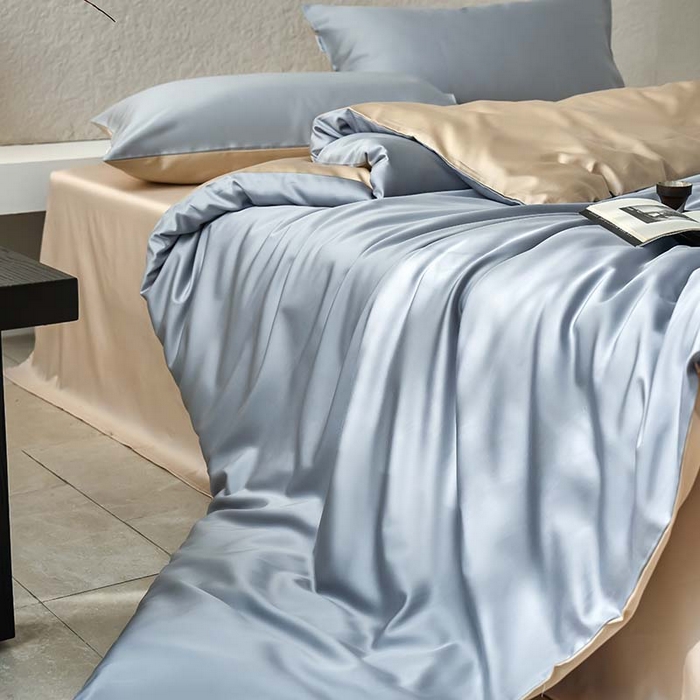 91家纺网 家纺一手货源 找家纺 咏绒家纺工厂店 2025新款60支奥地利兰精天丝纯色天丝棉四件套 岩岭（朦胧灰-小麦色）