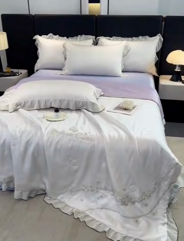 91家纺网 家纺一手货源 找家纺 （总）梦舒羽 2025新款刺绣水洗真丝花边夏被四件套宿舍夏凉被床单枕套三件套-花韵花边款