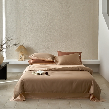 91家纺网 家纺一手货源 找家纺 咏绒家纺工厂店 2025新款60支奥地利兰精天丝纯色天丝棉四件套 茶棕（淡雅米-风衣米）