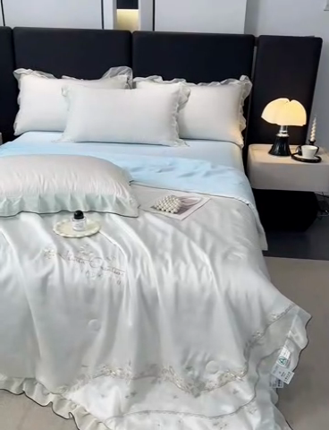 91家纺网 家纺一手货源 找家纺 梦舒羽 2025新款刺绣水洗真丝花边夏被四件套宿舍夏凉被床单枕套三件套-花韵花边款 花韵-蓝（花边款）