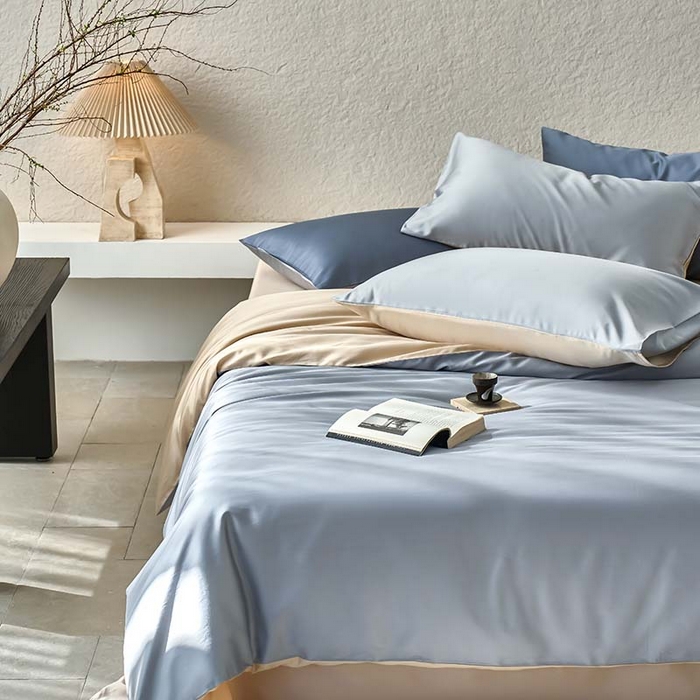 91家纺网 家纺一手货源 找家纺 咏绒家纺工厂店 2025新款60支奥地利兰精天丝纯色天丝棉四件套 岩岭（朦胧灰-小麦色）